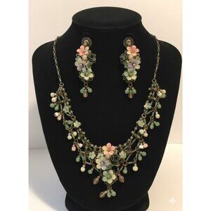 Colleen Toland Vintage Art Nouveau Floral Necklace & Earrings Set With Pastel Be